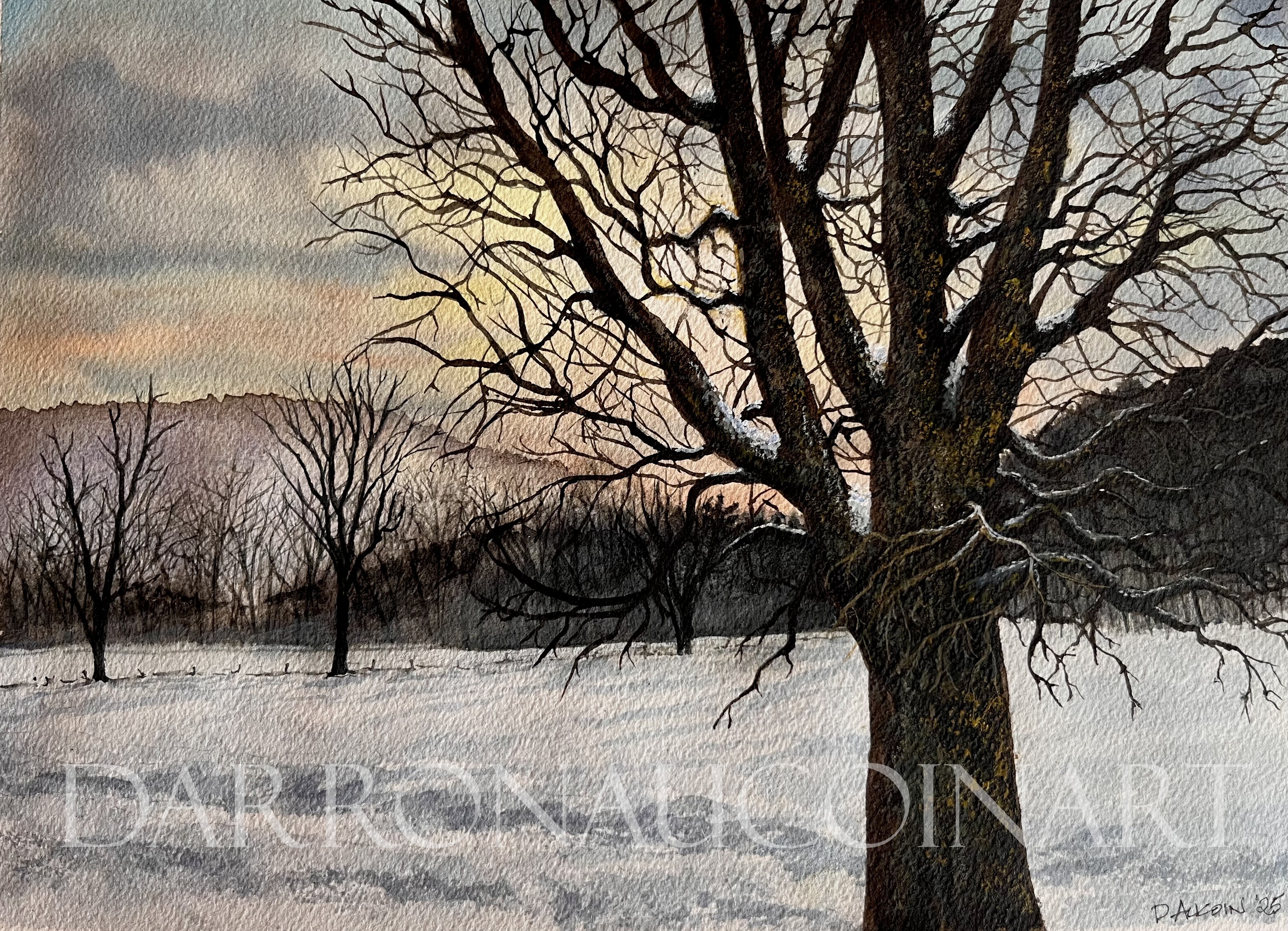 A watercolor painting depicting a winter landscape with bare trees and a serene, pastel sky at dusk.