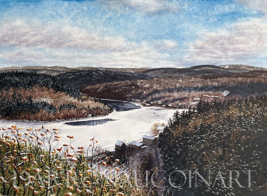 Watercolour painting of a serene landscape featuring a frozen river surrounded by trees and a small settlement under a cloudy sky.