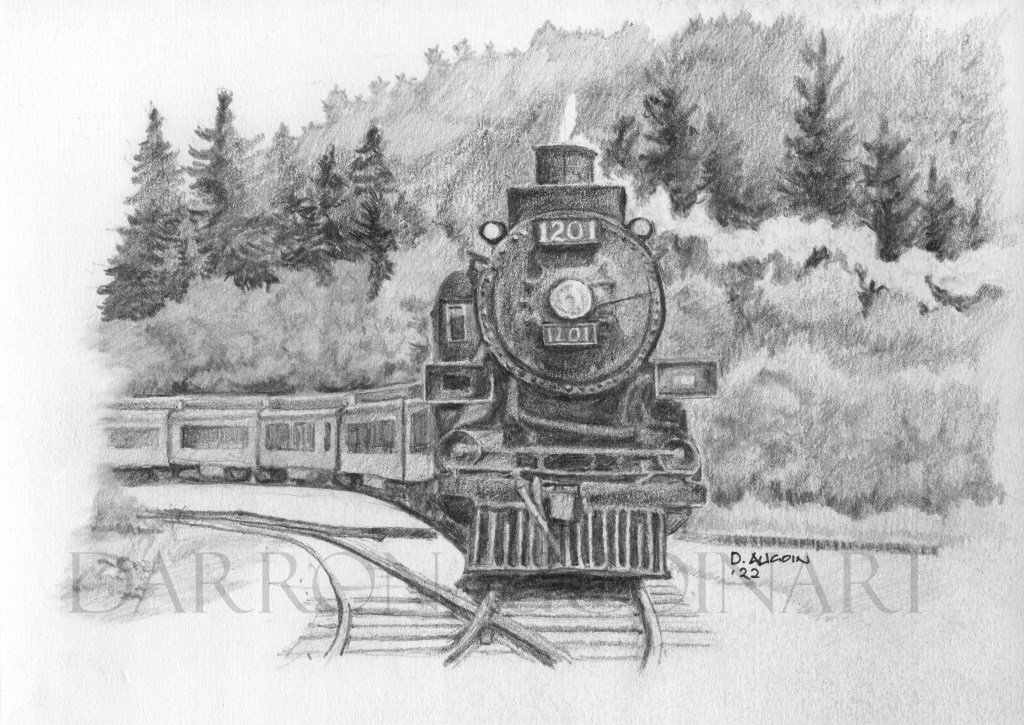 Pencil sketch of a vintage steam locomotive traveling through a forested area, showcasing detailed shading and tonal contrast.