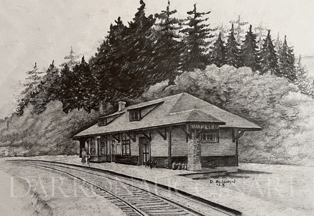 Pencil sketch of a train station named 'Wakefield' surrounded by trees, with two figures near the platform and train tracks visible in the foreground.
