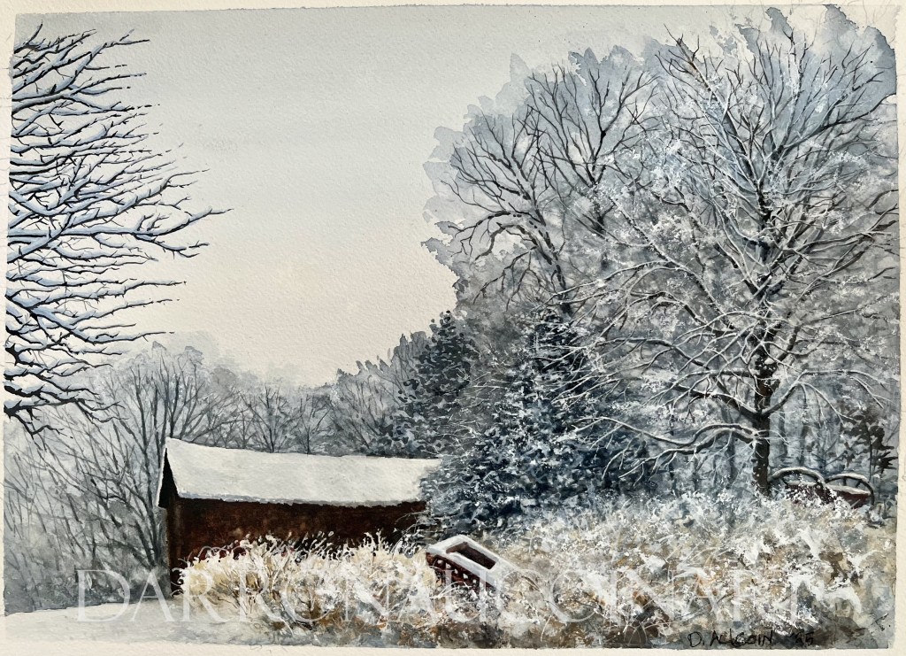Watercolour painting of a winter landscape featuring a snow-covered barn and frosty trees in a serene, muted color palette.