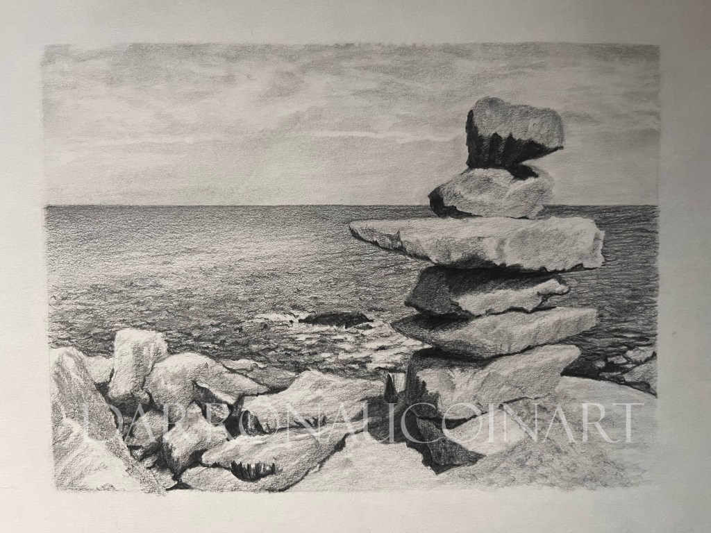 Pencil sketch of a stack of rocks near the ocean, depicting intricate shading and tonal values against a cloudy sky.