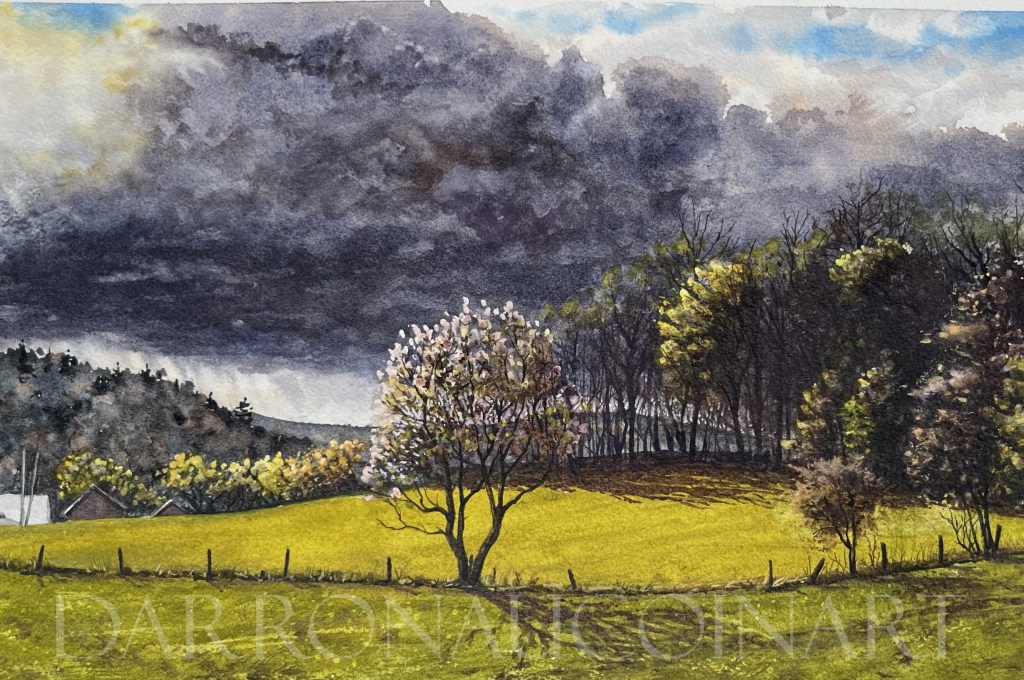 Watercolor painting of a landscape featuring a bright yellow field, a flowering tree, and dark storm clouds in the sky.